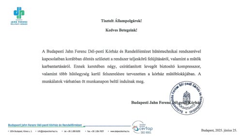 JFKH Közlemény hűtéstechnikai rendszer felújítása