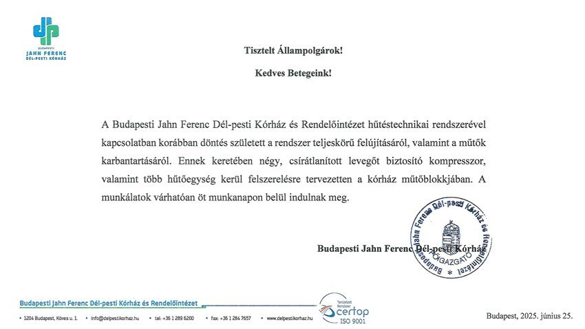 JFKH Közlemény hűtéstechnikai rendszer felújítása